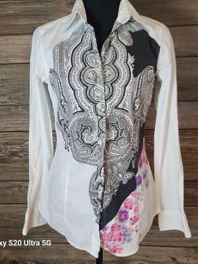 White Long-Sleeve Mixed-Print Button-Up Top